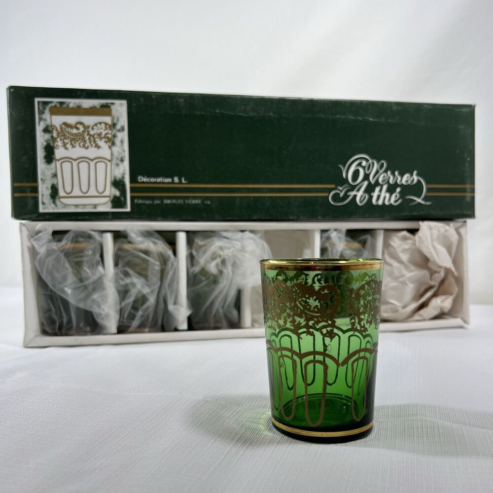 Vintage - 6 Emerald Green Moroccan Tea Glass Set • Gold Filigree - NEW - Picture 2 of 7